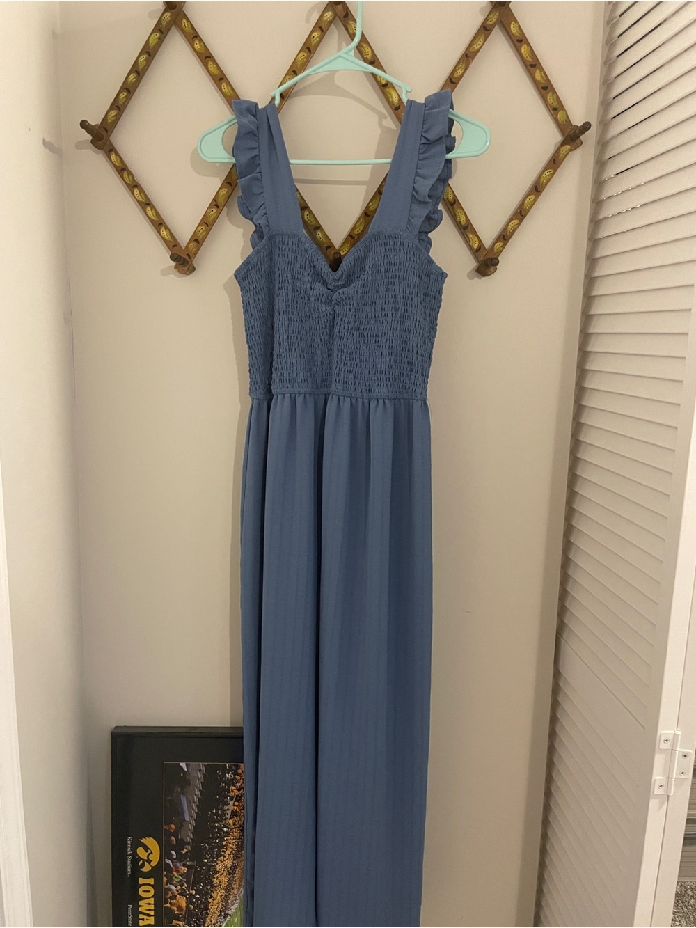 Blue Smocked Jumpsuit with Ruffle Straps